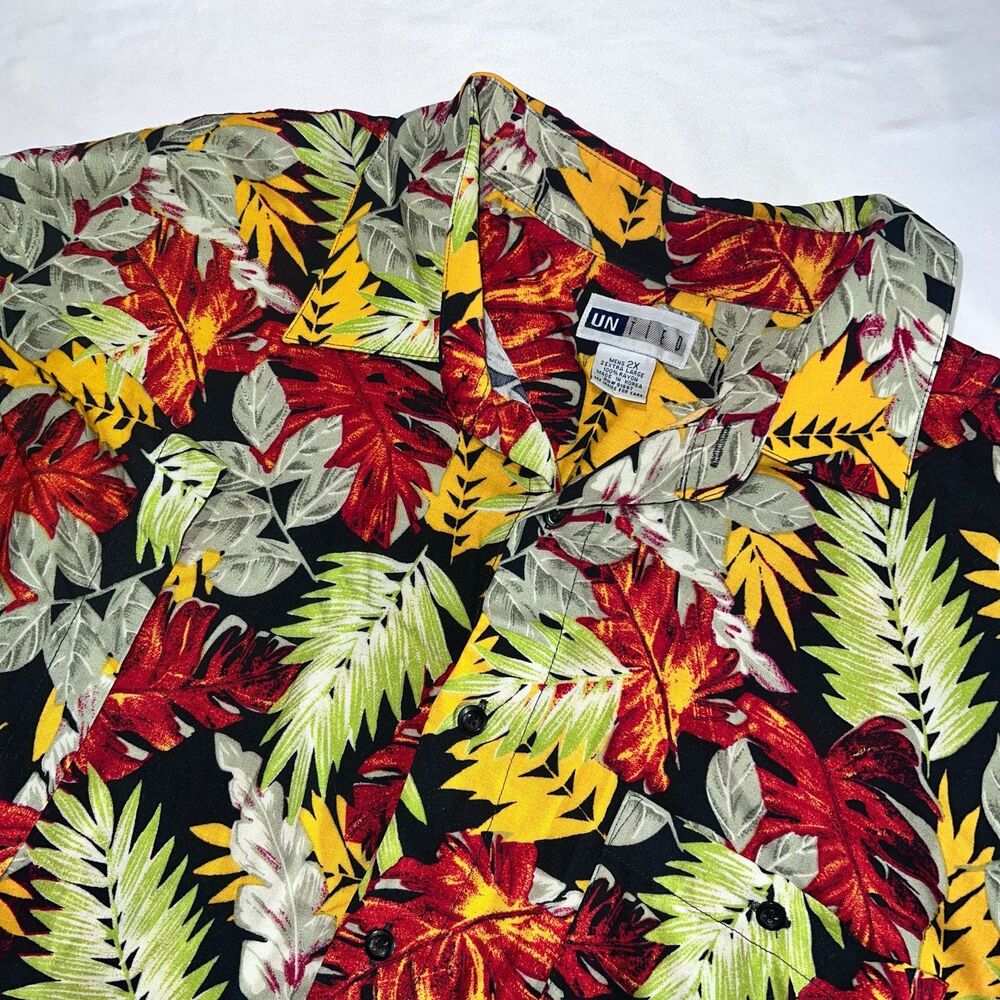 United Hawaiian Shirt 2X Rayon Bold Floral Tropical Aloha Black Red Yellow Korea